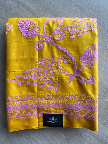 Mustard Yellow Kantha Stitch Semi Bangalore Silk Saree -23607