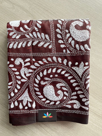 Deep Brown Kantha Stitch Semi Bangalore Silk Saree -23608