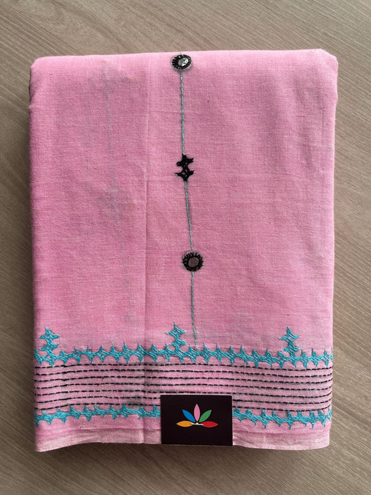 Light Pink Kantha Stitch Cotton Saree - 23612