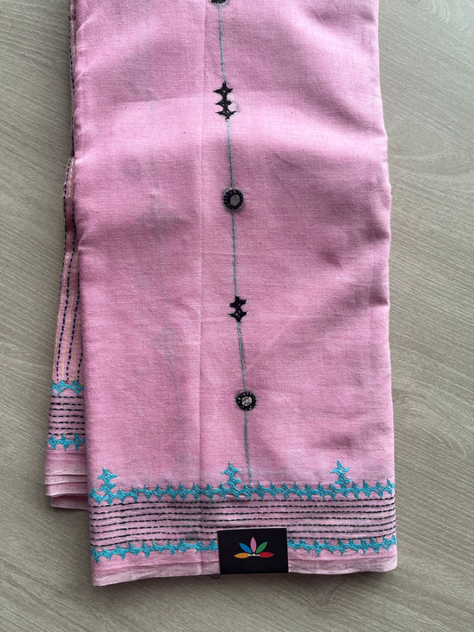 Light Pink Kantha Stitch Cotton Saree - 23612