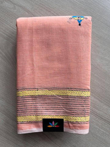 Dusty Peach Kantha Stitch Cotton Saree - 23613