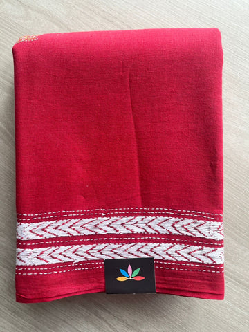 Vibrant Red Kantha Stitch Cotton Saree - 23614