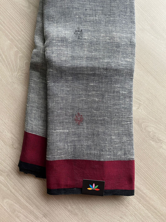 Smoky Grey Contrast Border Handloom Pure Linen Jamdani Saree -23718