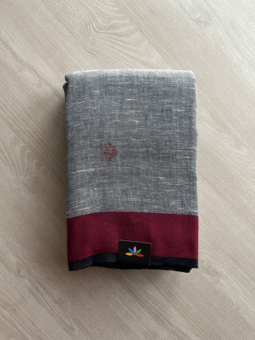 Smoky Grey Contrast Border Handloom Pure Linen Jamdani Saree -23718