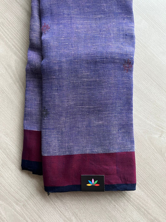 Dusty Purple Linen Jamdani Saree with Maroon Border & Navy Selvedge -23719