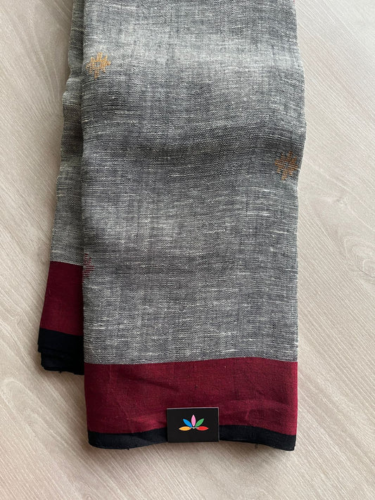 Smoky Grey Contrast Border Handloom Pure Linen Jamdani Saree -23720