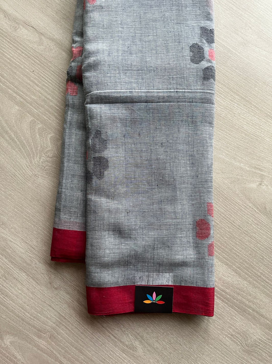 Handloom Jamdani Cotton Saree with Dhakai-Style Pallu – Grey -23722