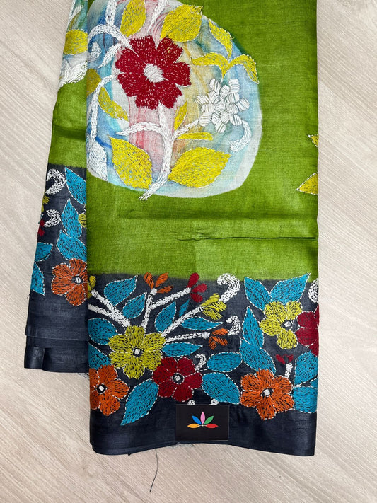 Handcrafted Kantha Embroidered Desi Tussar Silk Saree – Leaf Green with Multicolour Motifs -23733