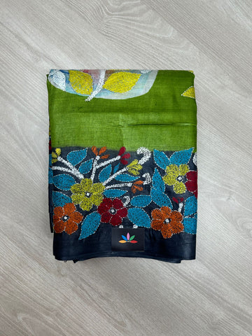Handcrafted Kantha Embroidered Desi Tussar Silk Saree – Leaf Green with Multicolour Motifs -23733
