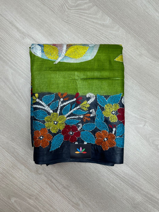 Handcrafted Kantha Embroidered Desi Tussar Silk Saree – Leaf Green with Multicolour Motifs -23733