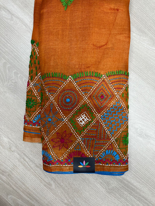 Handcrafted Kantha Embroidered Desi Tussar Silk Saree – Tangerine Orange with Purple Pallu -23755
