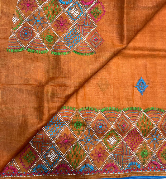 Handcrafted Kantha Embroidered Desi Tussar Silk Saree – Tangerine Orange with Purple Pallu -23755