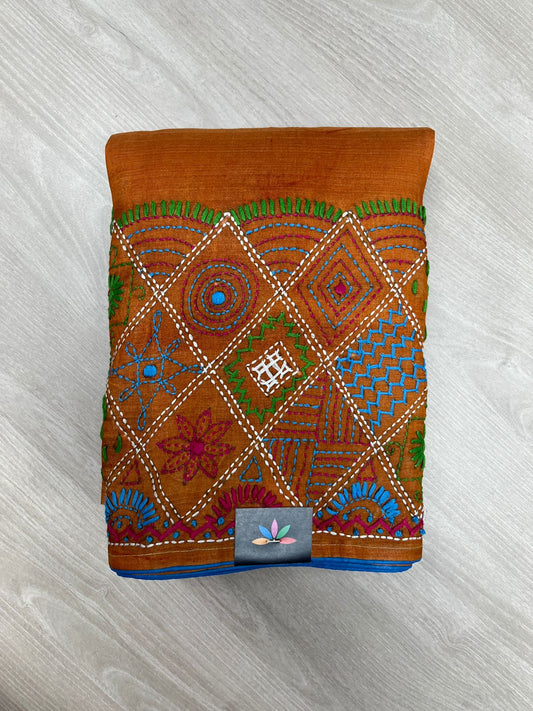 Handcrafted Kantha Embroidered Desi Tussar Silk Saree – Tangerine Orange with Purple Pallu -23755
