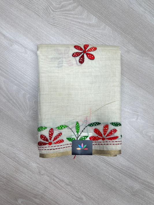 Semi Tussar Kantha Stitch Saree -23758