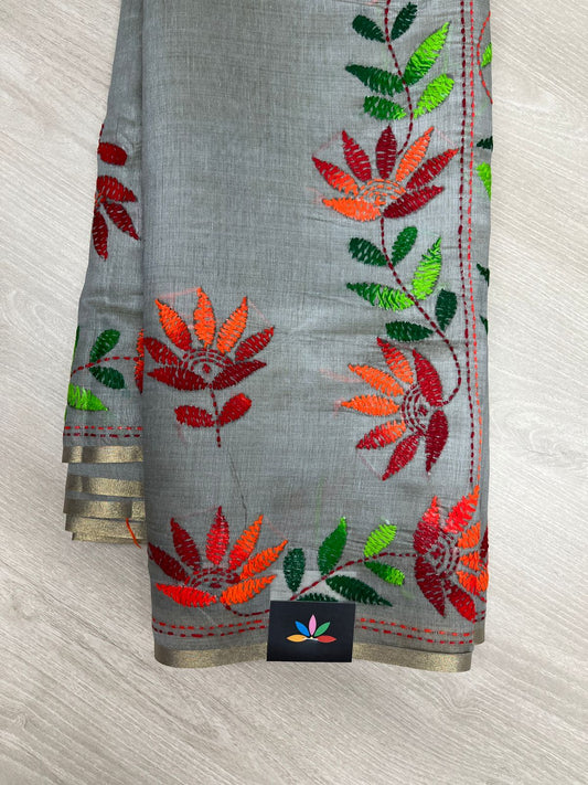 Semi Tussar Kantha Stitch Saree -23759