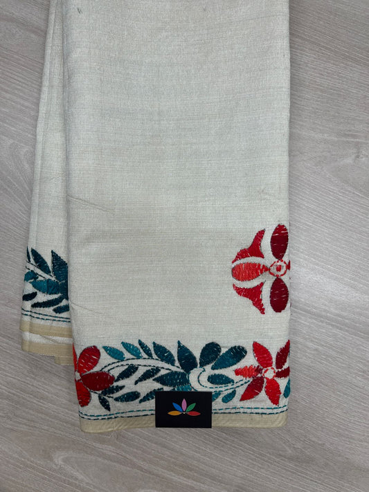 Semi Tussar Kantha Stitch Saree -23760