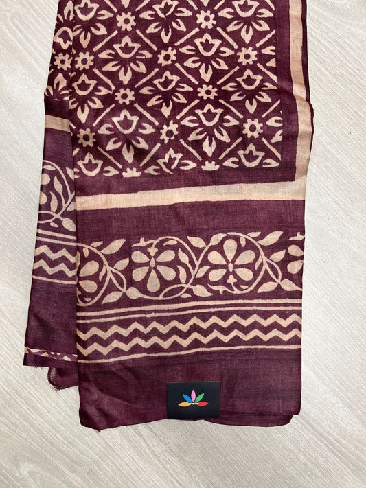 Handcrafted Block Printed Tussar Silk Saree – Plum Wine with Floral Motifs -23783
