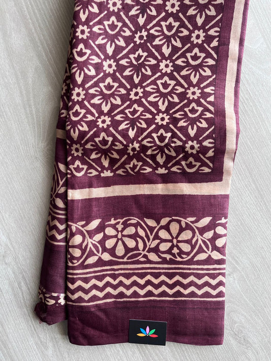 Handcrafted Block Printed Tussar Silk Saree – Plum Wine with Floral Motifs -23783
