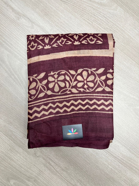 Handcrafted Block Printed Tussar Silk Saree – Plum Wine with Floral Motifs -23783