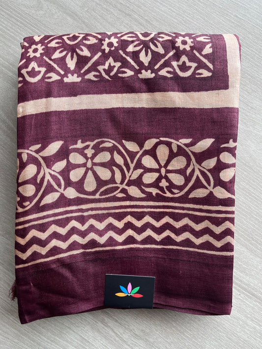 Handcrafted Block Printed Tussar Silk Saree – Plum Wine with Floral Motifs -23783