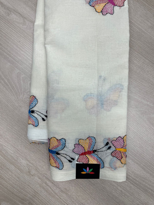 Handcrafted Kantha Embroidered Cotton Saree – Off-White with Multicolour Butterfly Motifs -23784