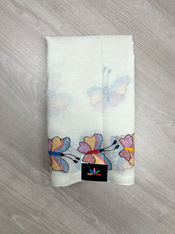 Handcrafted Kantha Embroidered Cotton Saree – Off-White with Multicolour Butterfly Motifs -23784