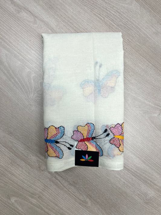 Handcrafted Kantha Embroidered Cotton Saree – Off-White with Multicolour Butterfly Motifs -23784