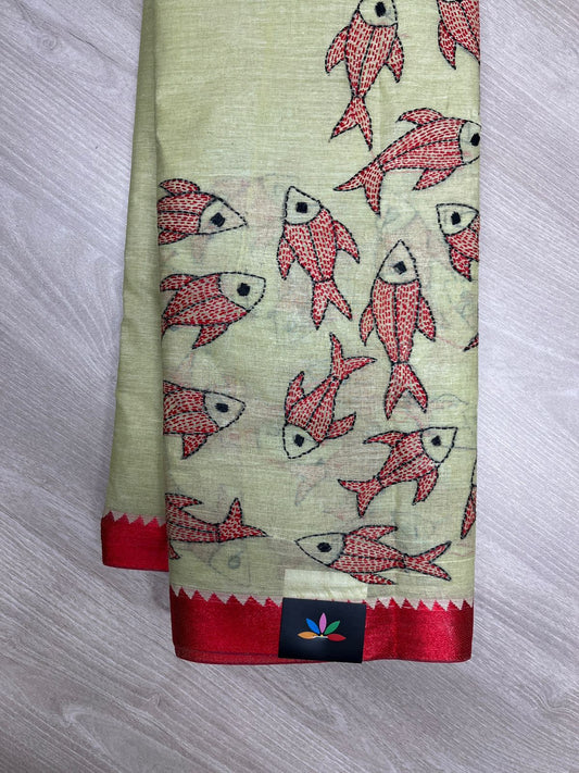 Handcrafted Kantha Embroidered Cotton Saree – Light Pistachio Green with Red Fish Motifs-23785