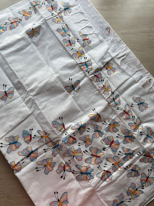 Handcrafted Kantha Embroidered Cotton Saree – Off-White with Multicolour Butterfly Motifs -23997