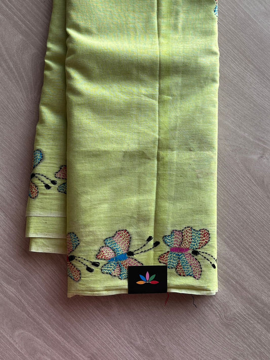 Handcrafted Kantha Embroidered Cotton Saree with Multicolour Butterfly Motifs -23998