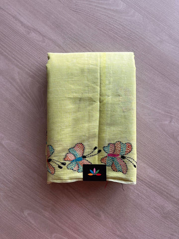 Handcrafted Kantha Embroidered Cotton Saree with Multicolour Butterfly Motifs -23998