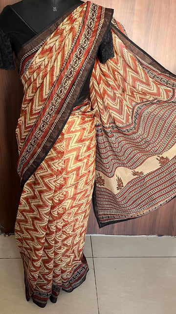 Soft Beige & Rust Shade Handblock Printed Kota Doria Saree - 23979 - 23980