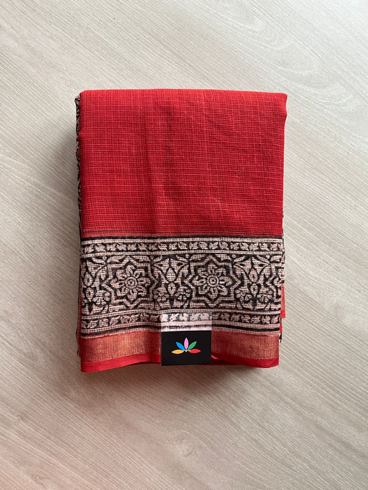 Handblock Printed Kota Doria Saree - 23987 - 23988