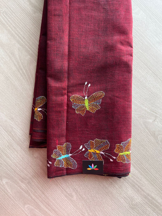 Handcrafted Kantha Embroidered Cotton Saree with Multicolour Butterfly Motifs -23999