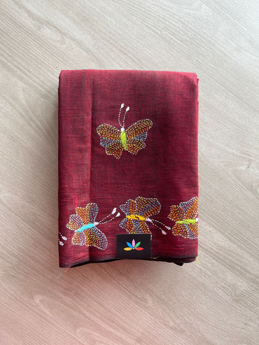 Handcrafted Kantha Embroidered Cotton Saree with Multicolour Butterfly Motifs -23999