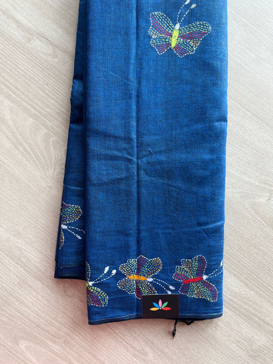 Handcrafted Kantha Embroidered Cotton Saree with Multicolour Butterfly Motifs -24000