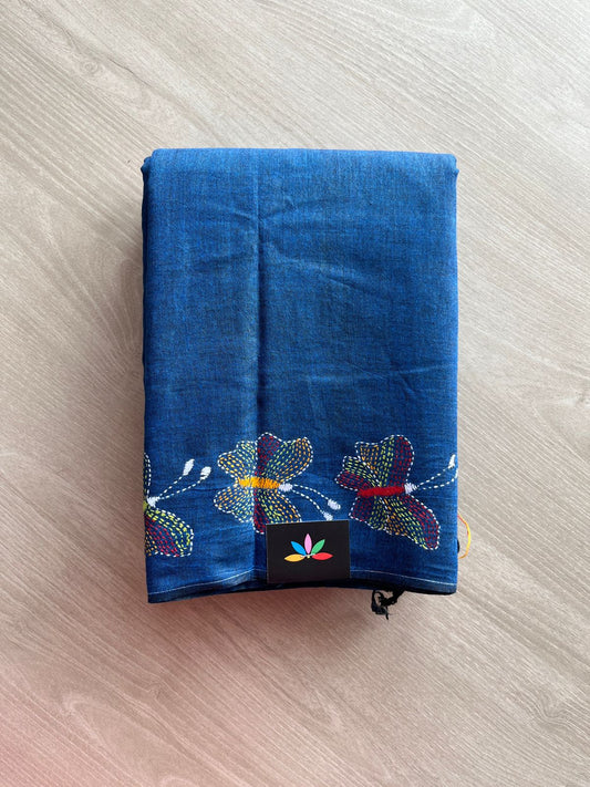 Handcrafted Kantha Embroidered Cotton Saree with Multicolour Butterfly Motifs -24000