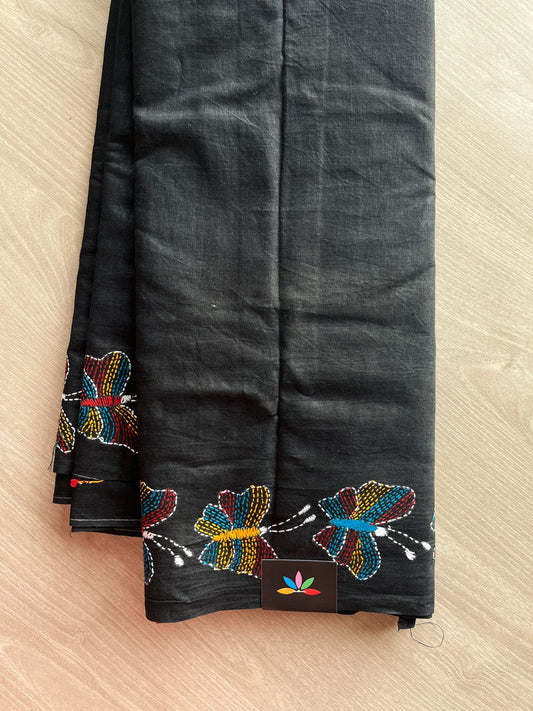 Handcrafted Kantha Embroidered Cotton Saree with Multicolour Butterfly Motifs -24001