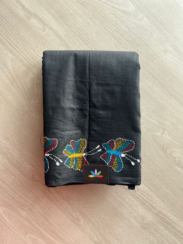 Handcrafted Kantha Embroidered Cotton Saree with Multicolour Butterfly Motifs -24001