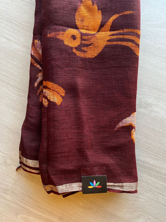 Designer Handblock Printed Fine Linen Saree-24104