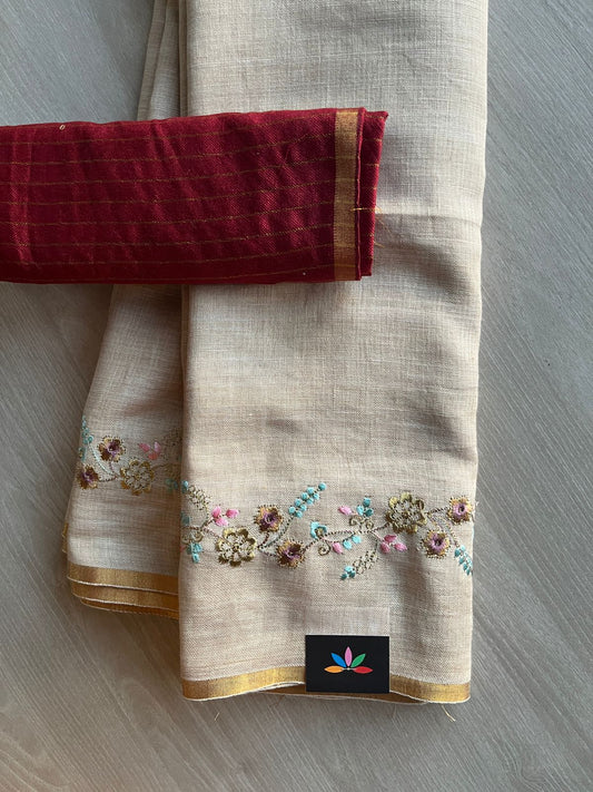 Exclusive Embroidered Linen Saree - 24132 -24134
