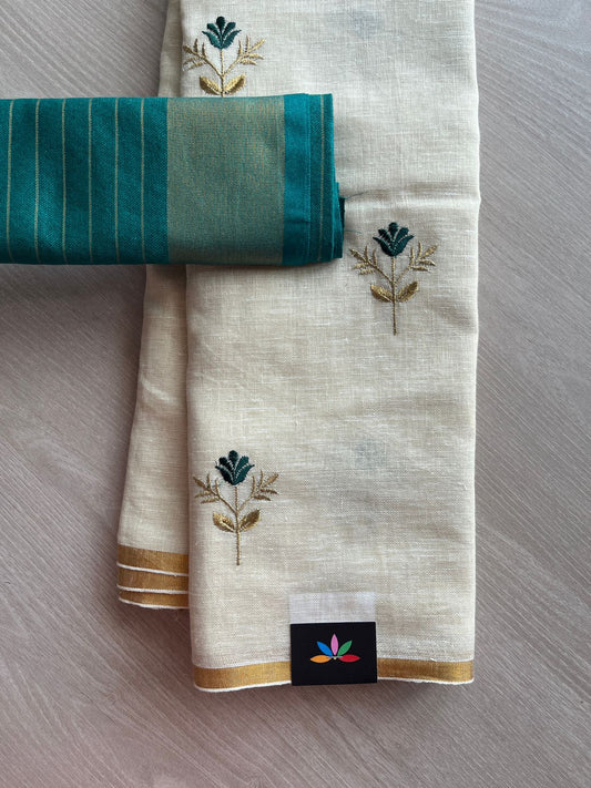 Exclusive Embroidered Linen Saree - 24140 -24141