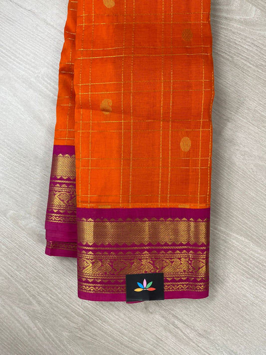 Bright Orange Kattam Silk Cotton Saree with Pink Contrast Korvai Border-24164