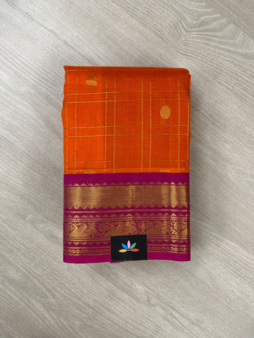 Bright Orange Kattam Silk Cotton Saree with Pink Contrast Korvai Border-24164