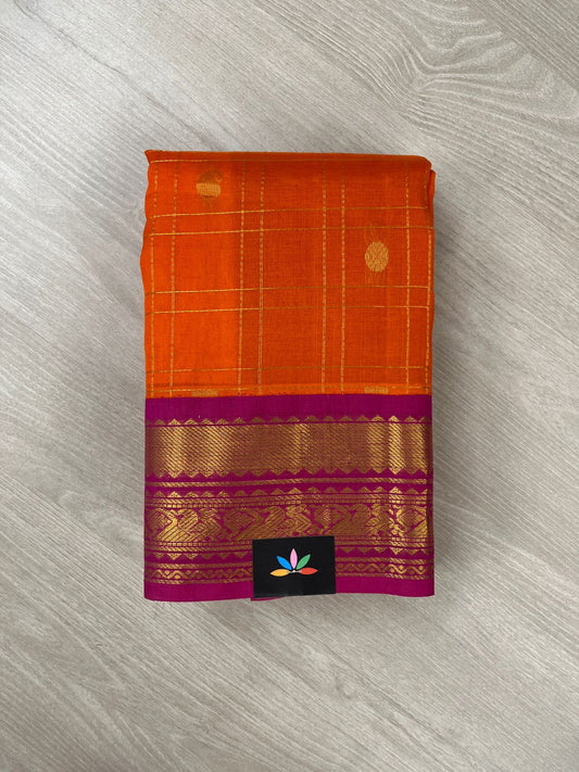Bright Orange Kattam Silk Cotton Saree with Pink Contrast Korvai Border-24164