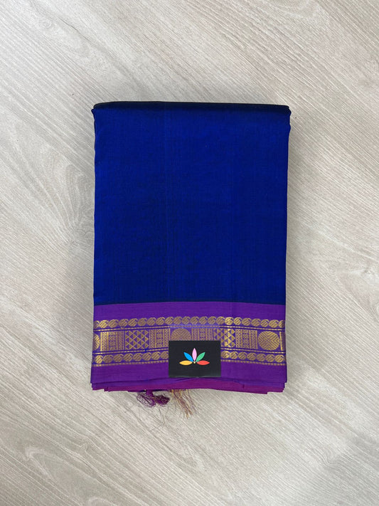 Royal Blue Silk Cotton Saree with Purple Border -24167