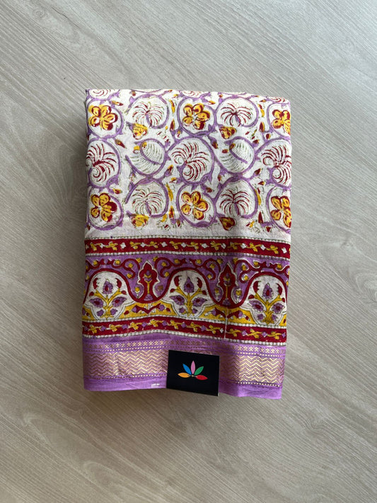 Floral Printed Chanderi Cotton Silk Saree with Traditional Zari Border-24371