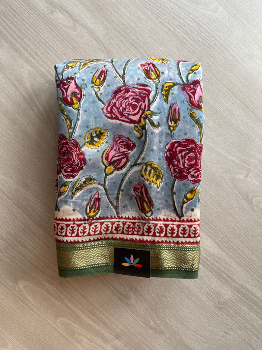 Floral Printed Chanderi Cotton Silk Saree with Traditional Zari Border-24372