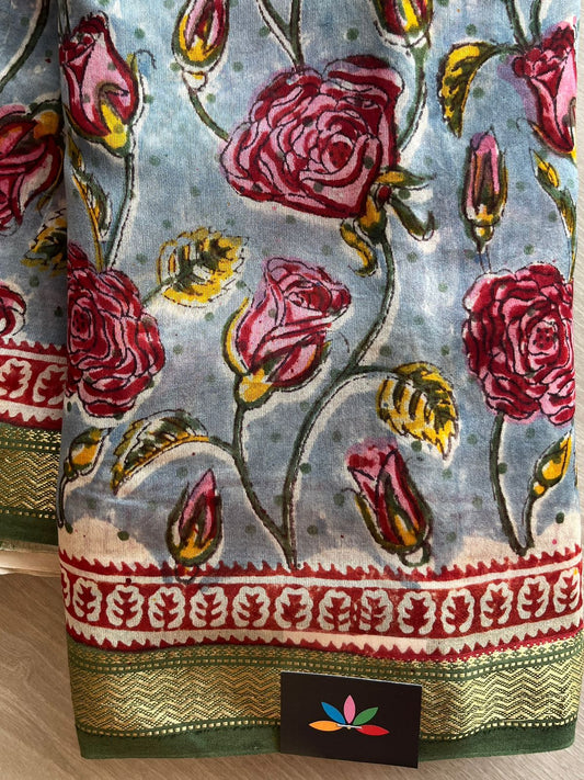 Floral Printed Chanderi Cotton Silk Saree with Traditional Zari Border-24372