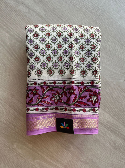 Floral Printed Chanderi Cotton Silk Saree with Traditional Zari Border-24373